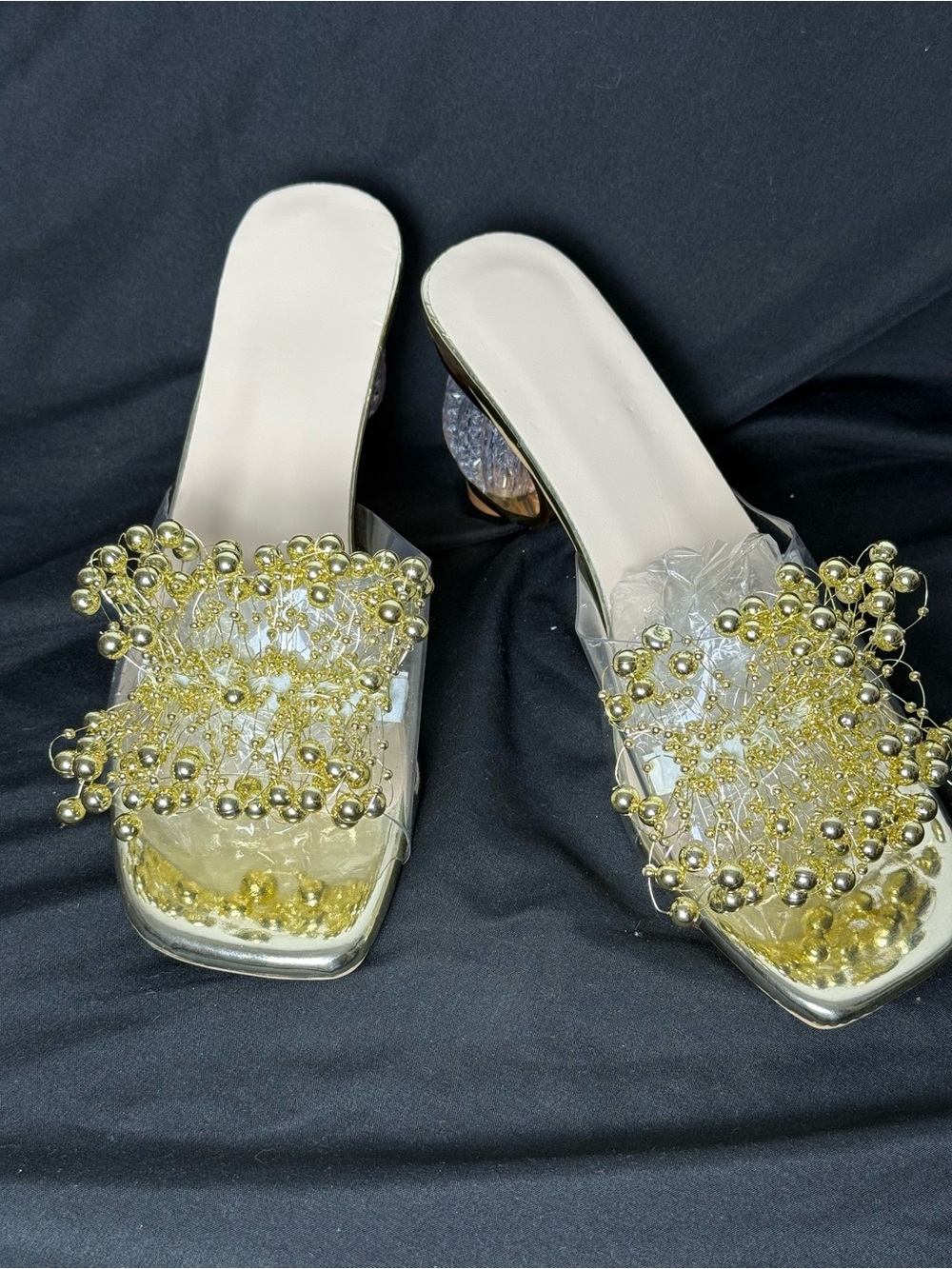 Gold Beaded Clear Strap Mules for Women